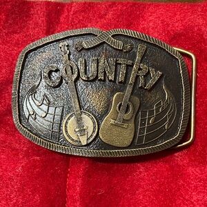 Country Music Guitar & Banjo Belt Buckle - Antiqued Brass Tone